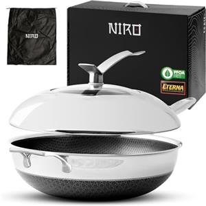 NIRO Wok Antiaderente Triplo Strato (Acciaio Inox + Alluminio) Ø32cm, COPERCHIO INCLUSO, Antigraffio, NO PFOA, Per Piano Cottura Induzione, Ceramica, Elettrico, Gas, Forno, Manico Anti Scottatura
