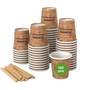 bioexxe Kit Completo 100 Pz Bicchierini Caffè espresso Carta 75ml + 100 Pz Palette Monouso Ecologici Biodegradabili - usa e getta Sostenibili (marroni)