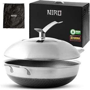 NIRO Wok Antiaderente Triplo Strato (Acciaio Inox + Alluminio) Ø32cm, COPERCHIO INCLUSO, Antigraffio, NO PFOA, Per Piano Cottura Induzione, Ceramica, Elettrico, Gas, Forno, Manico Anti Scottatura