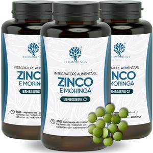 RedMoringa Zinco 15mg Integratore Prodotto in Italia | Compresse Vegane | 100% VNR di Zinco giornaliero | Utile per Acne, Sistema Immunitario, Capelli, Unghie e Ossa | L'unico con Moringa BIO RedMoringa® (900)