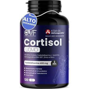 PARAFARMACIA, ORGANIC VITAMINS & FOOD OVF Cortisol Uomo 120 Capsule Cortisolo Integratore con Citrullina Malato Fosfatidilserina Ashwagandha KSM-66 Teanina Zinco Boro per Benessere Fisico, Mentale e Testosterone