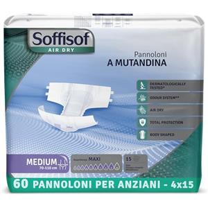 Soffisof Air Dry Pannoloni con Adesivi Maxi M - 60x Pannoloni per Anziani a Mutandina Notte Super Assorbenti - 4 Confezioni da 15 Pezzi, Assorbenza fino a 9 Gocce - Ausili Incontinenza Uomo e Donna