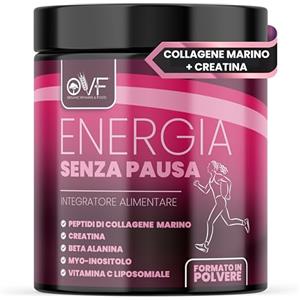PARAFARMACIA, ORGANIC VITAMINS & FOOD Integratore Energia Donna 360g con Peptidi di Collagene Marino Creatina Micronizzata Beta Alanina Vitamina C Liposomiale Myo Inositolo e Acido Ialuronico Integratore in Polvere