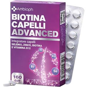 Ambioph Biotina Capelli ADVANCED - Integratori per Capelli con Zinco, Selenio e Vitamina B12 - Formula rinforzante e di Crescita capelli, unghie e pelle - 160 cpr, Vitamine per capellì. BIOTINA - Ambioph