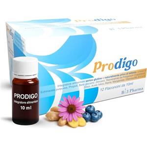 BI3 Pharma Prodigo Difese Immunitarie Adulti Completo | Supporto Completo per Adulti e Bambini | Echinacea Difese Immunitarie, Beta-Glucano, Vitamina C, Zinco, Vit. B6-B12 | 12 Flaconcini Gusto Frutti di Bosco
