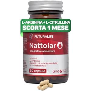 FUTURALIFE NATTOLAR Arginina e L-Citrullina = Recupero Muscolare + Vitalità di Coppia | Post Allenamento, Resistenza - Nattokinase | Supporto Circolazione, Arterie Sane e Pulite | Integratore per Sportivi. 30cps