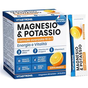 Vitastrong. Magnesio e Potassio Vitastrong Formula 10-in-1, Potassio e Magnesio Bustine Integratore Multivitaminico 24 Stick con Vitamina C e Vitamine del Gruppo B, Senza Saccarosio, OGM, Glutine, Gusto Arancia