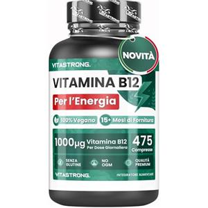 Vitastrong. Vitamina B12 1000mcg Vegana, 475 Compresse, 1 al Giorno (Scorta 15+ Mesi) B12 Vitamina per Energia, Stanchezza e Sistema Immunitario, Vit B12 di Alta Qualità, Vitamina B 12 Cianocobalamina Senza OGM