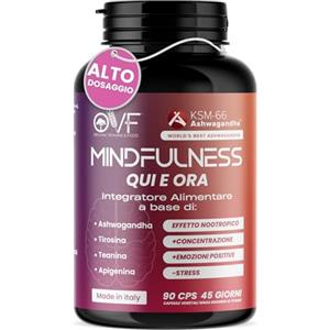 PARAFARMACIA, ORGANIC VITAMINS & FOOD OVF Mindfulness 90 Cps, Nootropico con Ashwagandha, Tirosina, Teanina e Apigenina, Integratori Memoria e Concentrazione, Supporta Umore e Vitalità, Made in Italy