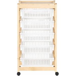 Paluplus Carrello porta verdure a 5 ripiani in Legno Naturale, misura 45x30x85 cm, 5 Cestelli in Plastica con Vassoio Portaoggetti e 4 Ruote girevoli, Scaffale da cucina per frutta e verdura -6015F -4