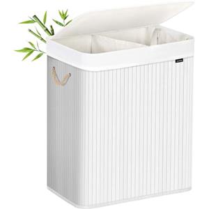 SONGMICS Cesto Portabiancheria, 100 L, Cesta Biancheria a 2 Scomparti in Bambù, Coperchio, Maniglie, Pieghevole, Sacco Rimovibile e Lavabile in Lavatrice, Lavanderia, Casa, Bagno, Bianco LCB64WT