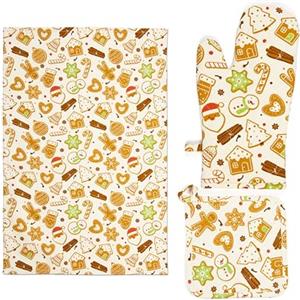 Excelsa Wonderful Ginger Set Cucina Natalizio, Guanto da Forno, Presina e Canovaccio in Cotone con Stampa Pan di Zenzero, Dimensioni 50x70/32x18/20x20 cm