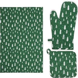 Excelsa Green Winter Set Canovaccio Presina e Guanto da Forno, 3 Pezzi in Cotone Verde con Motivo Abeti Bianchi, Include Canovaccio 50x70cm, Presina 20x20cm e Guanto Forno, Collezione Natalizia
