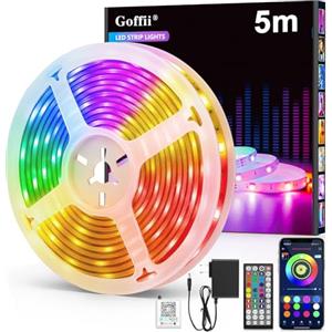 Goffii Striscia LED, LED per Camera, Banda RGB Controllata tramite APP Bluetooth o Telecomando 44 Tasti, Sincronizzazione con Ritmo Musicale, Fascia per Decorazione Camera, Gaming (5M)