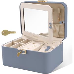 KAMIER Portagioie, 2 strati PU Leather Jewelry Organizer Box, grande capacità, doppia serratura e grande specchio, ganci per collana nascosti, divisori rimovibili, confezione regalo, grigio bluastro