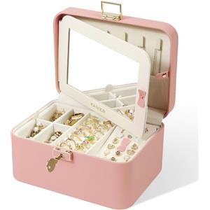KAMIER Scatole di gioielli per le donne,2 strati PU Leather Travel Jewelry Box,Grande capacità,Doppia serratura e grande specchio,Ganci per collana nascosti,Divisori rimovibili,Confezione regalo