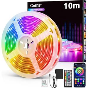 Goffii Striscia LED 10 m, striscia LED RGB Bluetooth, autoadesiva, con telecomando e app. sincronizzazione musicale, regolazione timer, dimmerabile, striscia luminosa a LED per la decorazione della stanza