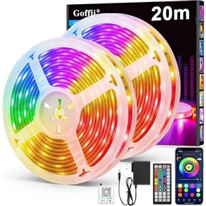 Goffii Striscia di luci LED da 20 metri, luci LED adesivi RGB Bluetooth con controllo tramite telecomando e App, cambia colore con la musica per decorare cucina, gaming, TV