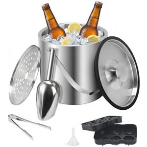 Minnhua 3L secchiello ghiaccio vino ghiaccio per cocktail porta ghiaccio a Doppia Parete in Acciaio Inox secchiello per ghiaccio con coperchio paletta pinze contenitore per ghiaccio e colino