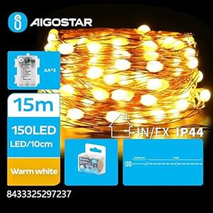 Aigostar Glowster - Ghirlanda di luci a LED in filo di rame, batteria 3AA, 15 m, colore bianco caldo, ideale per decorazione e ambiente interno ed esterno.