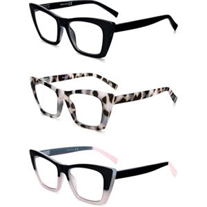 KoKoBin 3 confezioni di occhiali da lettura in stile per le donne che bloccano la luce blu del computer Lettori a occhio di gatto con cerniera a molla (3 Pack, 3.5, Diottria)