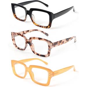 MMOWW 3 Pacco Occhiali da Lettura Oversize Square Frame Anti Luce Blu Occhiali Donna Rettangolari（Tartaruga nera gialla,+3.5