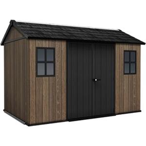 Keter Casetta da Giardino Apex 7511/1175 in Resina Effetto Legno Noce Naturale, 5,2 m², Dimensioni 230x350x246H cm, Porte e Finestre Orientabili