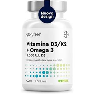 Gloryfeel Vitamina D3 + K2 + Omega 3, 90 Capsule Softgel, Eletto PRODOTTO DELL'ANNO 2025, 2000UI Vitamin D, 100 µg Vitamina K (K2VITAL® di Kappa), 1000mg Olio di Pesce 400mg EPA e 300mg DHA