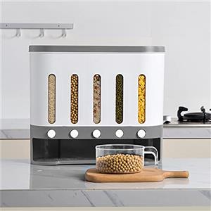 Lilyeriy Dispenser per cereali da 10 l, in plastica, 5 griglie, con coperchio, contenitore per alimenti, contenitore con misurino