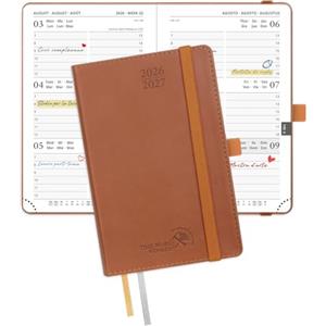 POPRUN Agenda 2026 2027 Settimanale Piccola 16 x 10,5 cm, Diario Scuola A6 17 Mesi da Ago.2026 a Dic.2027, Copertina Morbida in Pelle Vegana, Carta Spessa da 80 GSM, Marrone