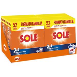 SOLE Bianco Splendente 52 Mis, Confezione da 4x2,6 kg, Detersivo in polvere con bicarbonato per bucato a mano e in lavatrice