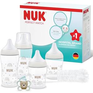 NUK Perfect Match Perfect Start Set di Biberon | 0-6 Mesi | 4 Biberon Anticolica (150ml, 260ml), 1 Succhietto Perfect Match Air, 1 Scovolino per Biberon | Arcobaleno | 6 Pezzi