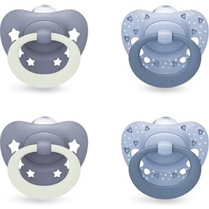 NUK First Choice Classic Day & Night Succhietto per Bambini | 6-18 Mesi | Succhietti Ortodontici che si Illuminano al Buio | Accettati dal 95% dei Bambini** | Blu | Confezione da 4