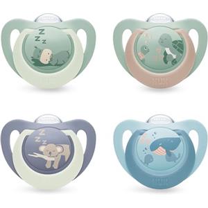 NUK First Choice Day & Night Succhietti per Bambini | 6-18 Mesi | Succhietti Ortodontici che si Illuminano al Buio | Calma il 99% dei bambini** | Assortiti | Confezione da 4