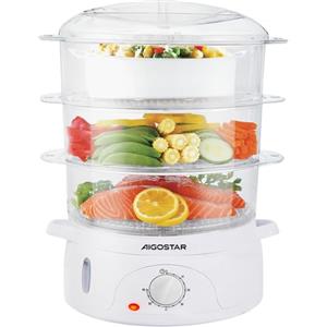 Aigostar Vaporiera Elettrica 9L con 3 Cestelli Indipendenti, Timer 60 Minuti, Spegnimento Automatico, Materiale BPA Free, 800W, Ciotola per Riso, Vassoio Raccolta Sughi, Bianco