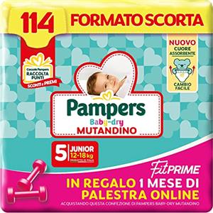 Pampers Baby Dry Mutandino & Fit Prime Junior, Formato Scorta, 114 Pannolini, Taglia 5 (12-18 Kg), 1 mese di palestra online in Omaggio