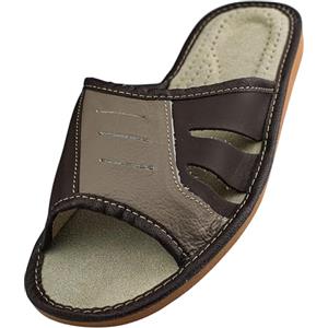APREGGIO - Pantofole da Uomo in Pelle Liscia - Ciabatte - Suola Piatta - Punta Aperta - Pantofole in Pelle da Uomo - Grigio - Taglia 47