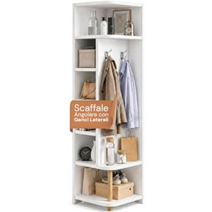 Avilia - Scaffale Angolare Bianco a 7 Livelli - Libreria Verticale Salvaspazio h 180 cm - Mobile ad Angolo con 2 Ganci Laterali Appendiabiti - Struttura Robusta per Soggiorno, Bagno e Ingresso - 30x30