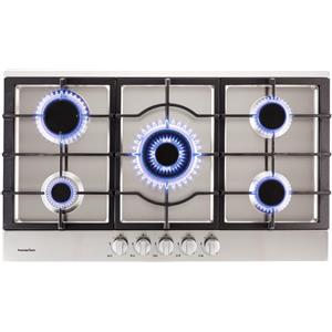 PremierTech PC5G90 Piano Cottura a Gas 5 Fuochi 90cm con Bruciatore Wok Multicorona e Superficie in Acciaio Inox