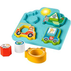 Fisher-Price - Veicolo Cercaforme Sonori, puzzle 2 in 1 con veicoli e pezzi a tema animale, include musica e suoni per stimolare le capacità motorie, giocattolo per bambini, 9+ mesi, HRP31