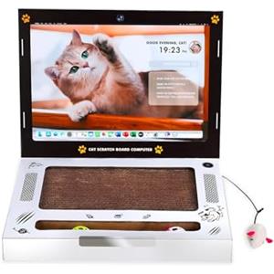 Wintem - Tiragraffi in Cartone per Gatti a Forma di Laptop 3 in 1 H25,5 x L34 x P25 cm, Graffiatoio e Gioco Interattivo per Unghie Sane e Intrattenimento