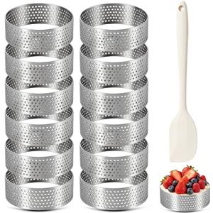 Eulihent 12 Pezzi Anello Microforato Crostata, Coppapasta Tondi 6 cm, Stampo Crostata Microforato in Acciaio Inox, Anello per Torte con Spatola per Torte, per Muffin, Ciambelle, Budini