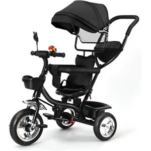 Kedia Triciclo multifunzione per bambini, triciclo con asta di spinta regolabile, sistema di sterzo, passeggino, triciclo con ombrellone, sedile regolabile (nero 4 in 1)