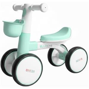 Baroni Toys Bici Senza Pedali Verde a 4 Ruote per Bambini dai 3 Anni, Primi Passi con Luci e Suoni, Cestino Portaoggetti, Balanced Bike, Ideale per Sviluppo Motorio e Coordinazione, 55x22x42cm