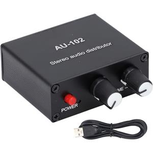 HuadZhylyx Distributore audio attivo a 2 vie, mini amplificatore 1 ingresso 2 uscite, splitter audio da 3,5 mm con controllo del volume indipendente, doppia uscita HiFi per cuffie e