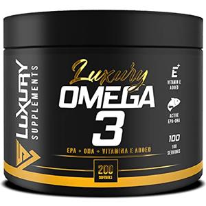 LS LUXURY SUPPLEMENTS Olio Di Pesce Omega 3 2000 mg Luxury Supplements ● Olio Di Pesce Omega 3 200 Softgel con Vitamina E, 360mg EPA e 240 mg DHA ● Integratore Acidi Grassi Essenziali Omega 3 200 Capsule