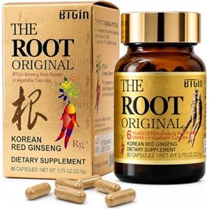 BTGIN The Root Original Integratore di Ginseng Rosso Coreano Panax - 1100% Polvere di Radice Intera Fine con Fibre Naturali e Minerali - Resistenza, Benessere e Immunità Senza Caffeina - 60 Capsule