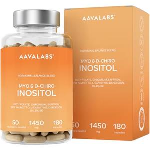 AAVALABS Myo Inositolo e D-Chiro Inositolo Integratore 1450mg | Equilibrio Ormonale e Supporto Metabolico Femminile con Tarassaco Zafferano Acido Folico Cromo Zinco Selenio Vitamina B6-180 Capsule Vegane