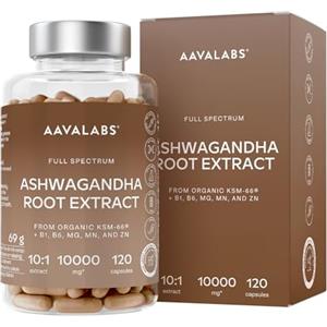 AAVALABS Ashwagandha KSM-66 10000mg Alto Dosaggio (Estratto di Ashwagandha Bio 10:1) Vitamina B6 B1 Zinco Magnesio Manganese, Vegan Ashwaganda Withania Somnifera Ginseng Indiano 5% Withanolidi - 120 Capsule