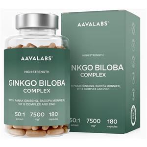 AAVALABS Ginkgo Biloba Integratore 7500mg 50:1 con Ginseng Rosso Coreano, Bacopa Monnieri, Vitamina B Complex, Zinco - Nootropico Integratore Memoria e Concentrazione, Metabolismo, Circolazione - 180 capsule